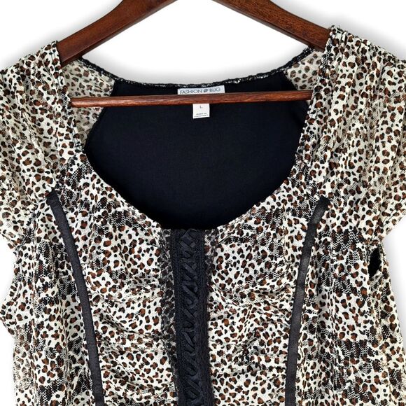 Fashion Bug Leopard Cheetah Ruched Mesh Lace Stretch Blouse Top Sz L - Picture 2 of 10